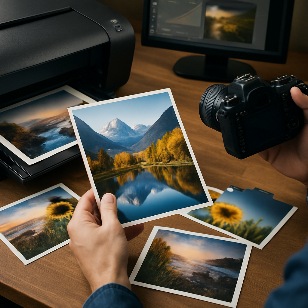 Notebook e fotografias impressas sobre uma mesa de trabalho