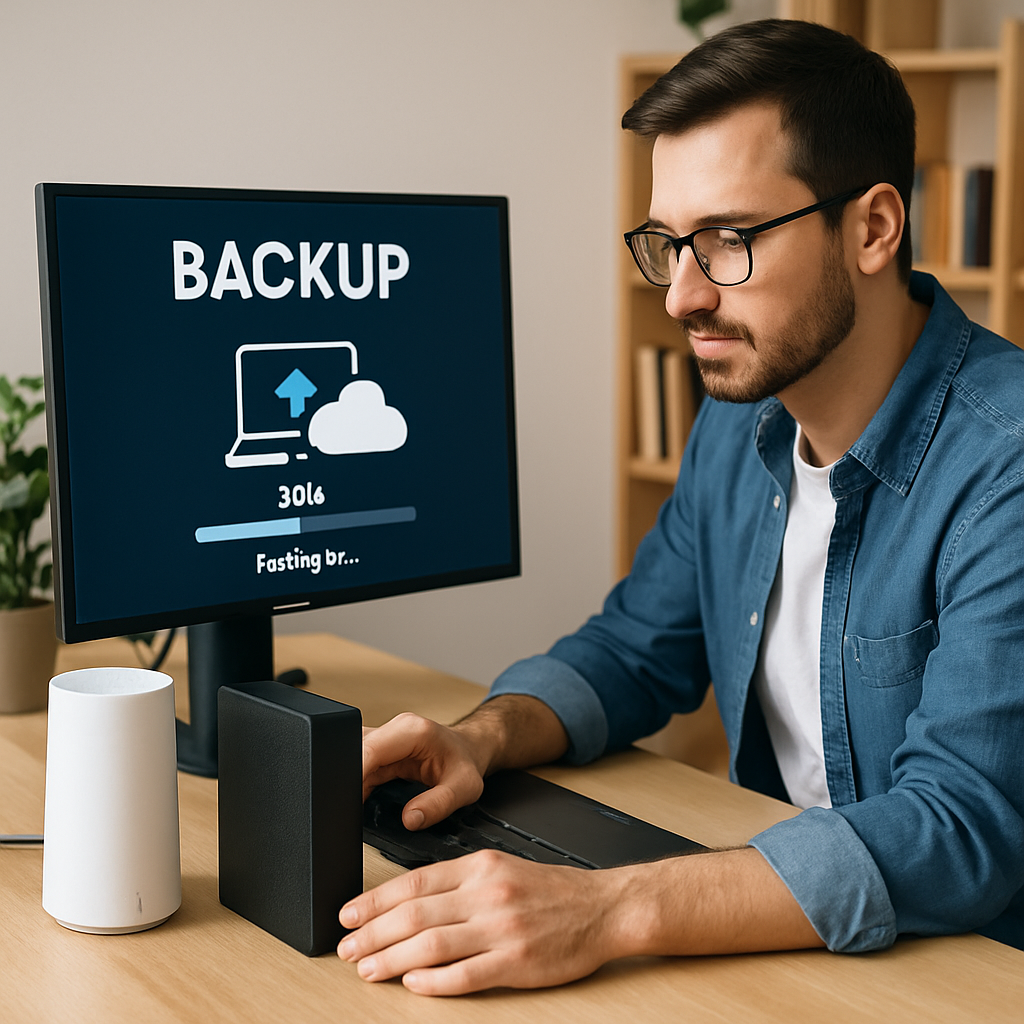 Homem diante de um notebook, em ilustração sobre backup de arquivos