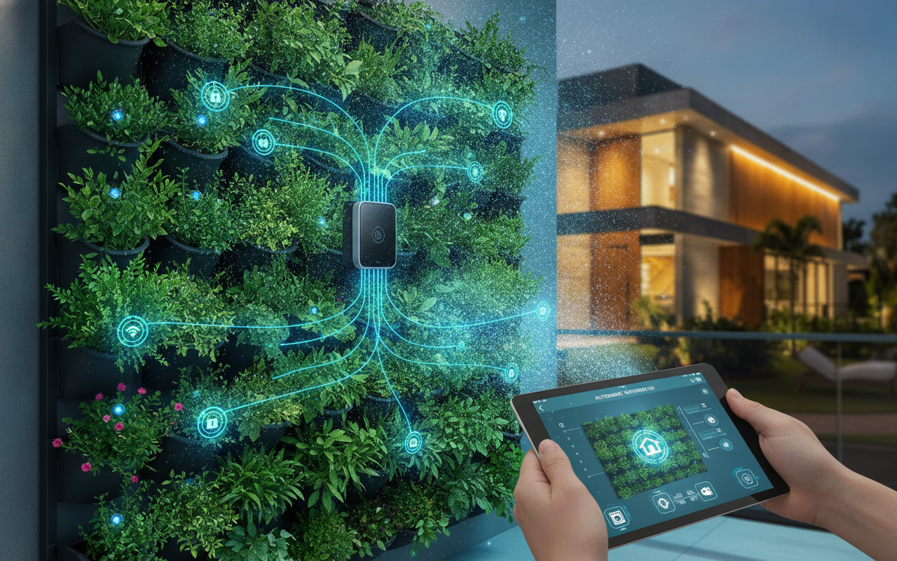 Jardim vertical com plantas e iluminação, em imagem ilustrativa