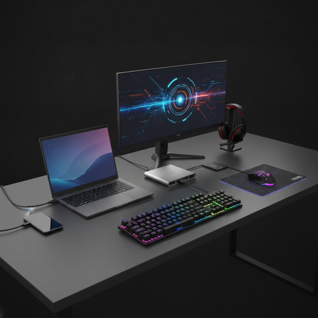 Notebook e monitor externo em uma mesa de trabalho