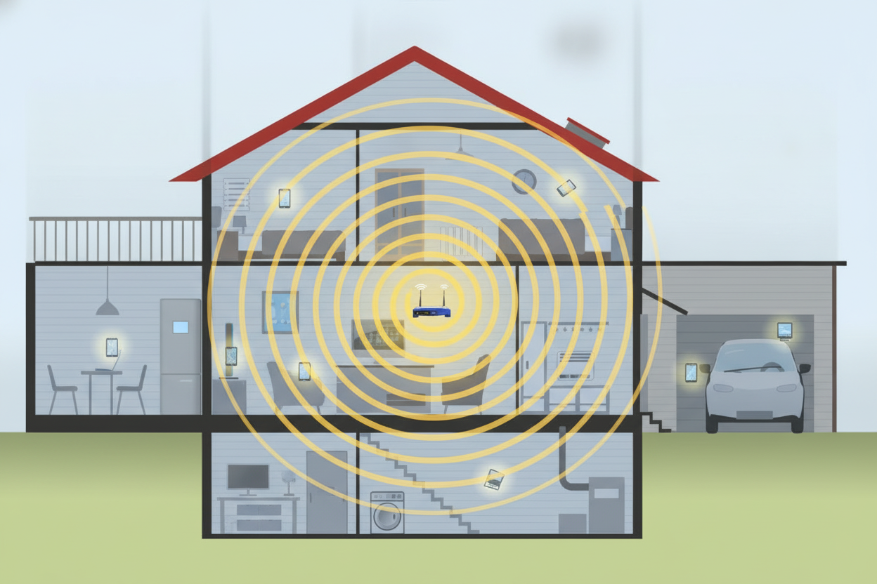 Ilustração de uma casa com representação da cobertura do Wi-Fi