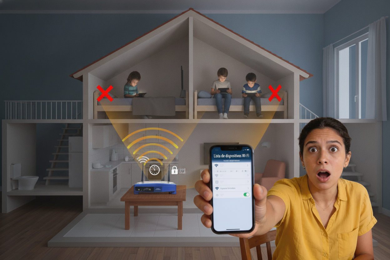 Ilustração de uma casa com pessoas e dispositivos conectados