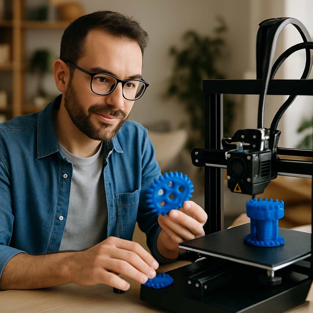 Homem trabalhando ao lado de uma impressora 3D