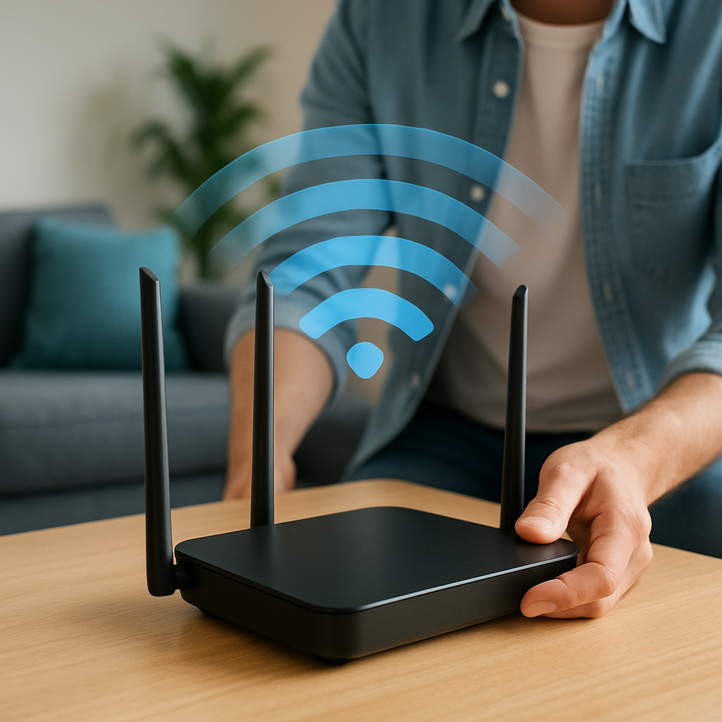 Roteador com antenas e representação gráfica de sinal Wi-Fi em ambiente doméstico.