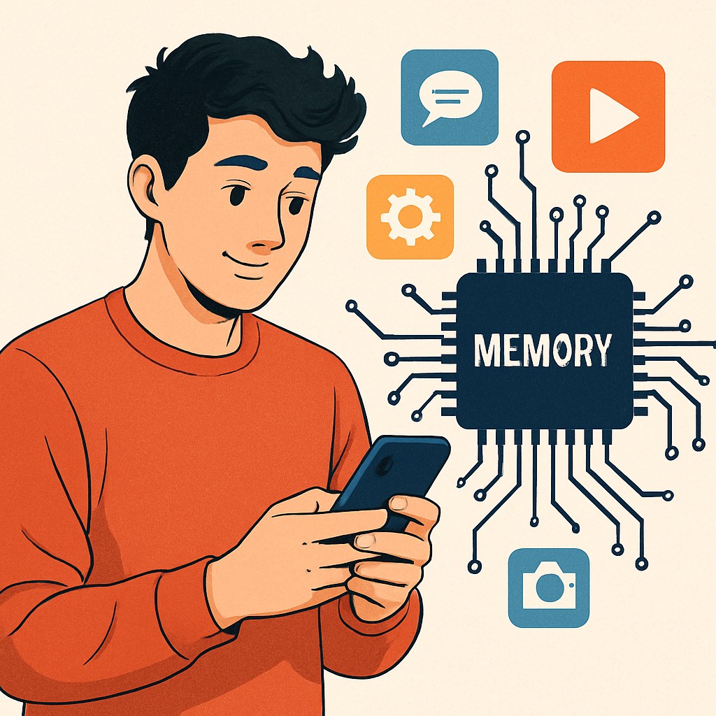 Ilustração de uma pessoa usando o celular, com ícones de aplicativos e memória.