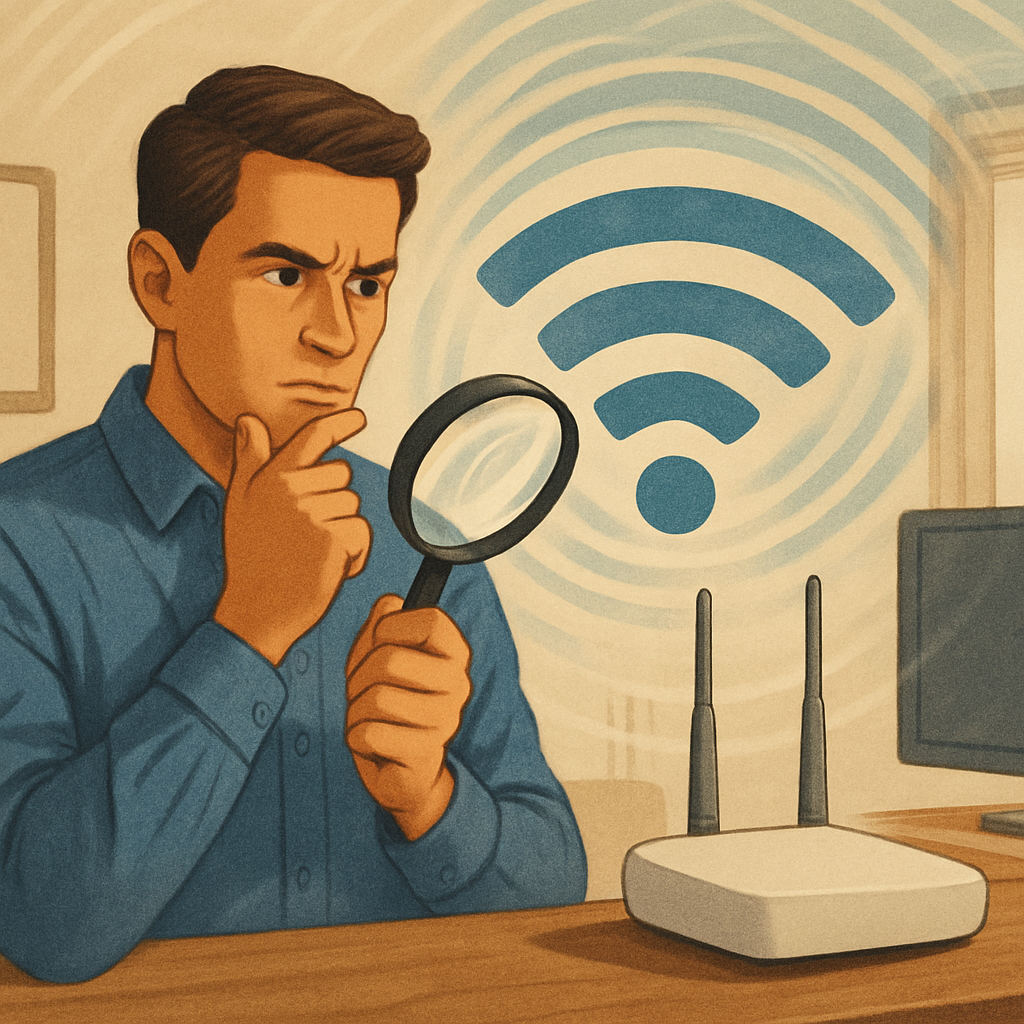 Ilustração de uma pessoa com celular e símbolo de rede Wi-Fi.