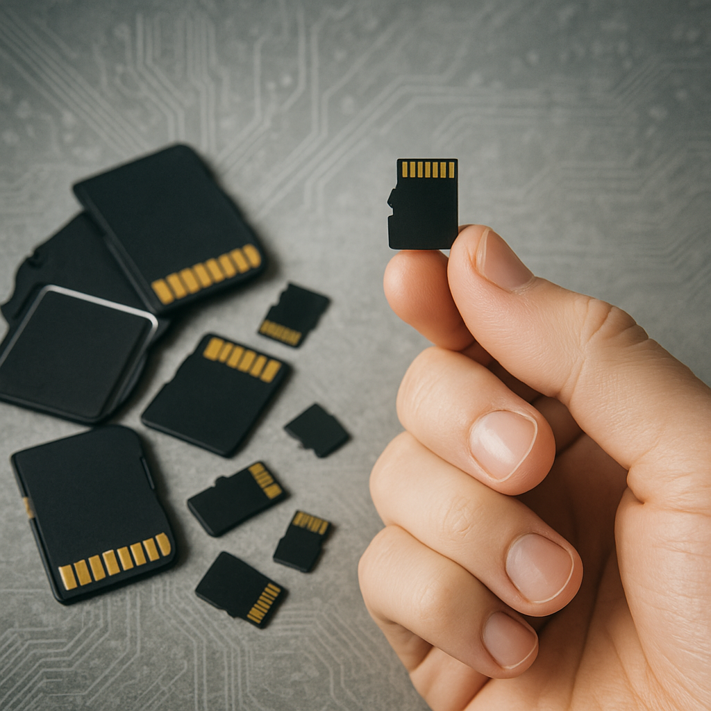 Cartões de memória e adaptadores sobre uma mesa, com um microSD segurado pela mão.