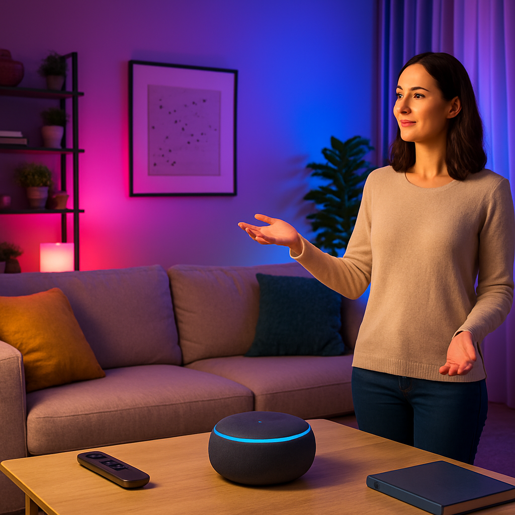 Mulher em uma sala com iluminação colorida e um alto-falante inteligente.