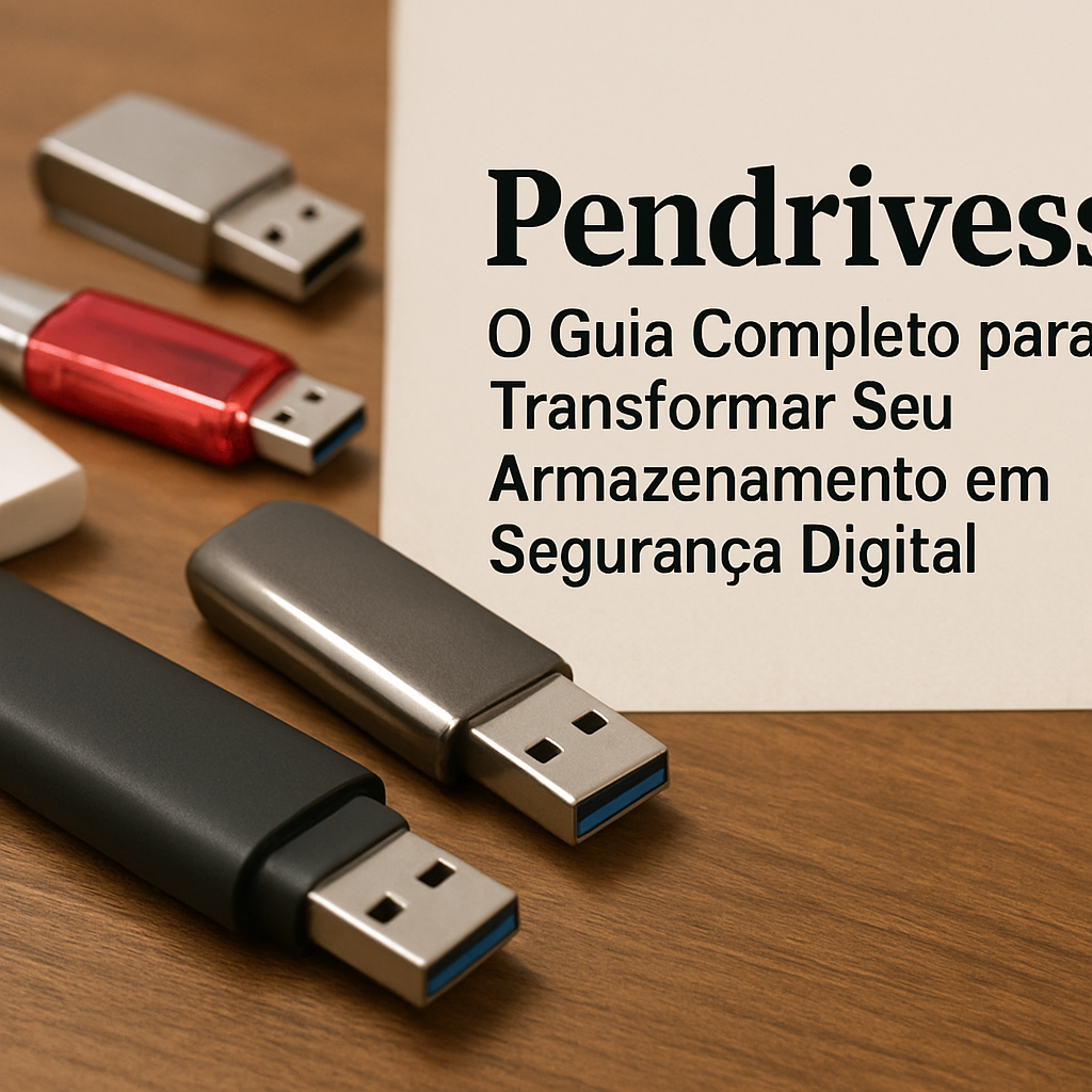 Pendrives sobre uma mesa, acompanhados de texto sobre armazenamento e segurança digital.