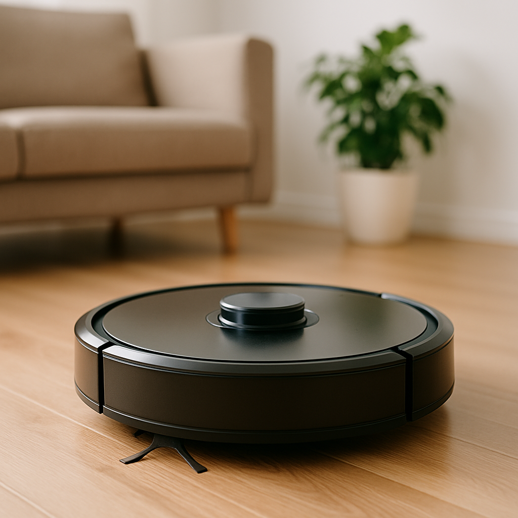 Robô aspirador preto sobre um piso de madeira em uma sala, com sofá e planta ao fundo.