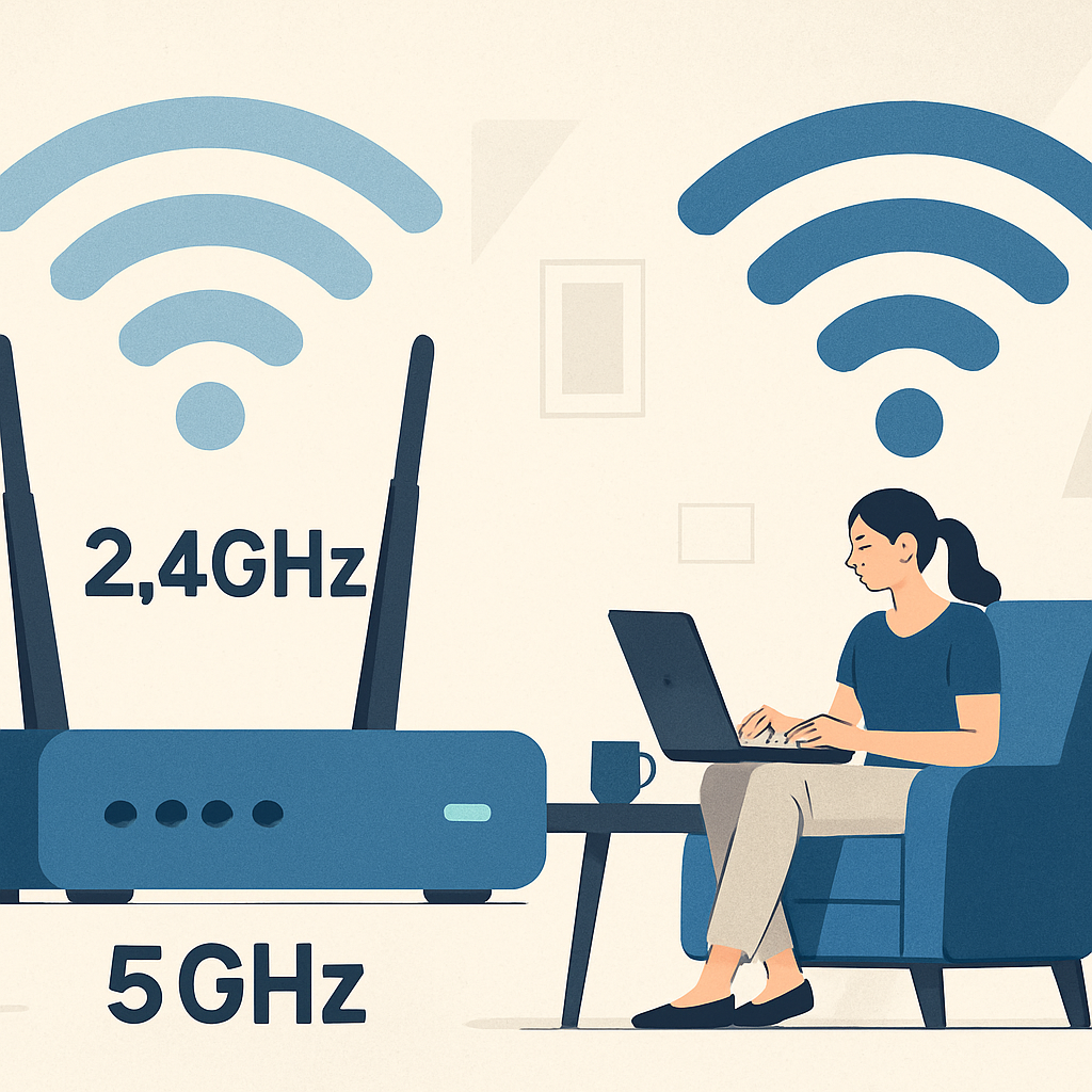 Ilustração de um roteador e uma pessoa usando notebook, com símbolos de Wi-Fi e as indicações 2,4 GHz e 5 GHz.