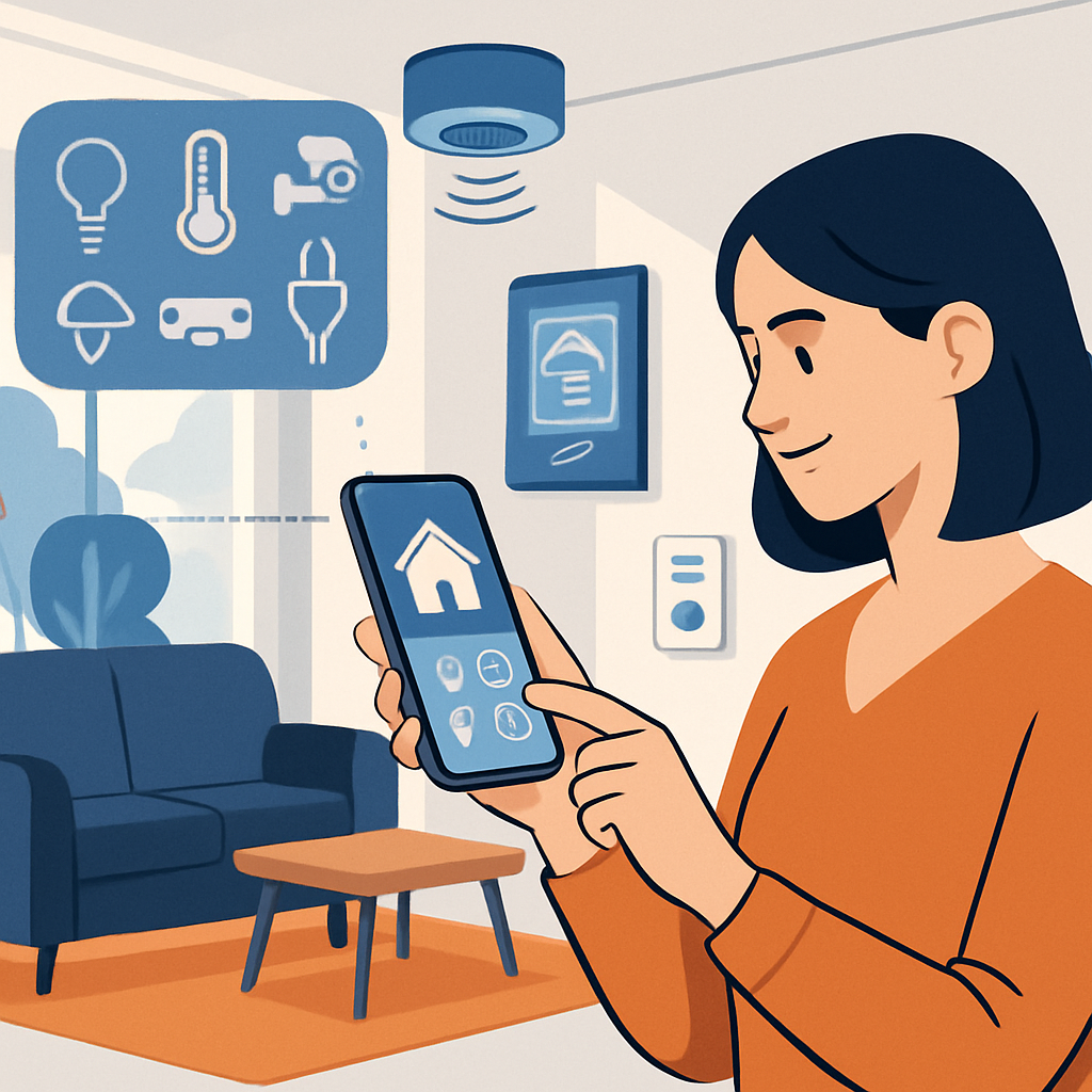 Ilustração de uma mulher controlando dispositivos de uma casa pelo celular, com símbolos de lâmpada, termômetro e câmera.