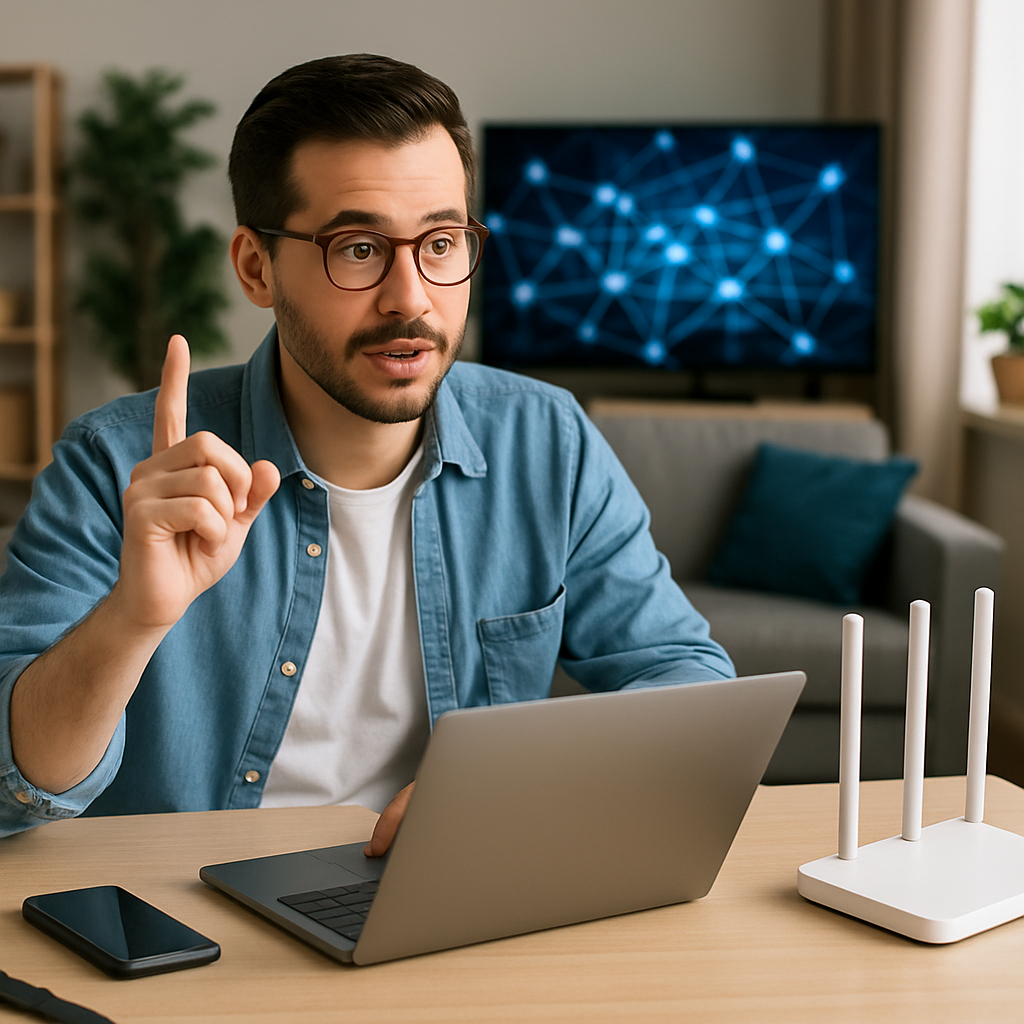 Homem usando um notebook ao lado de um roteador branco, com um celular sobre a mesa.