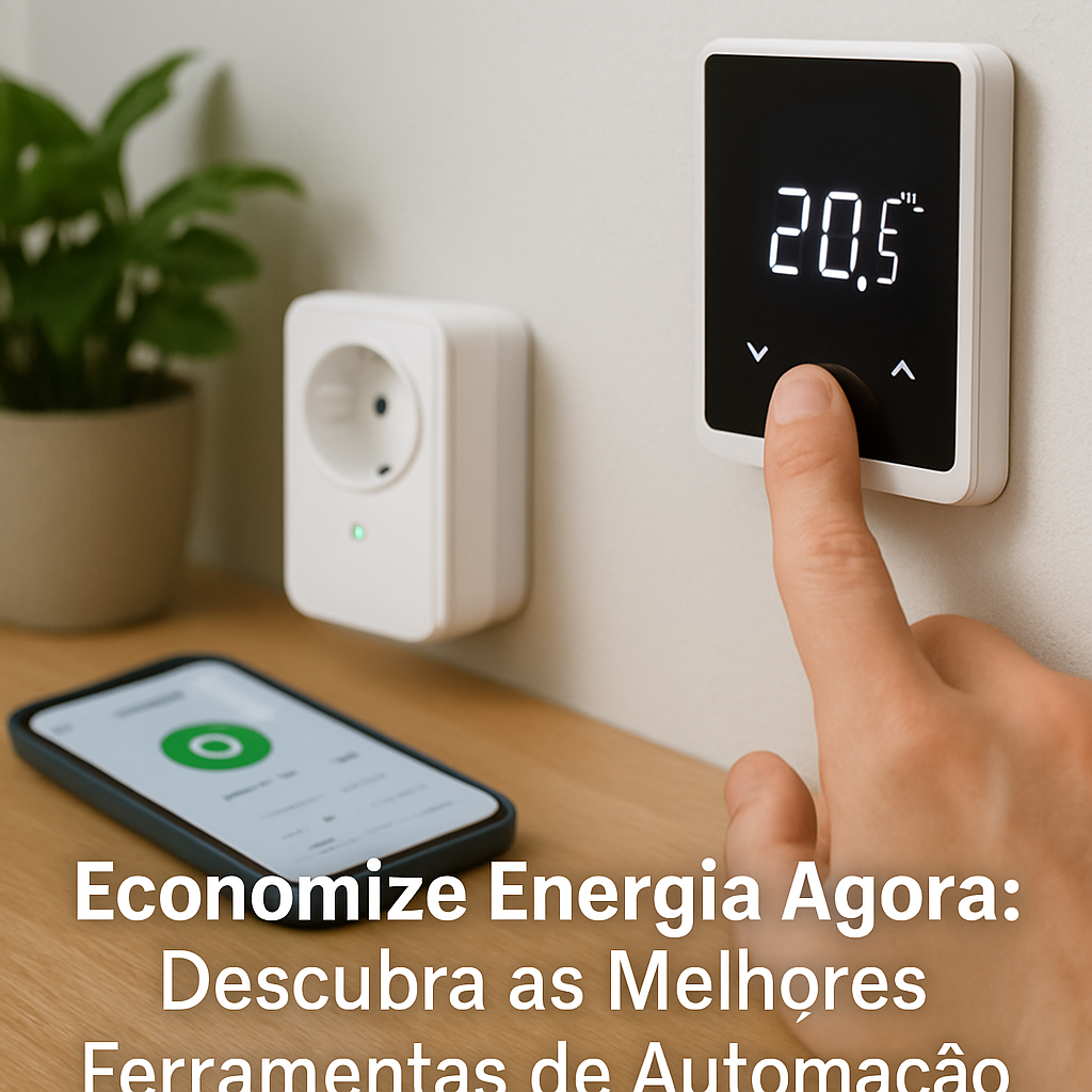 Mão ajustando um termostato ao lado de uma tomada conectada e um celular, com chamada sobre automação e economia de energia.