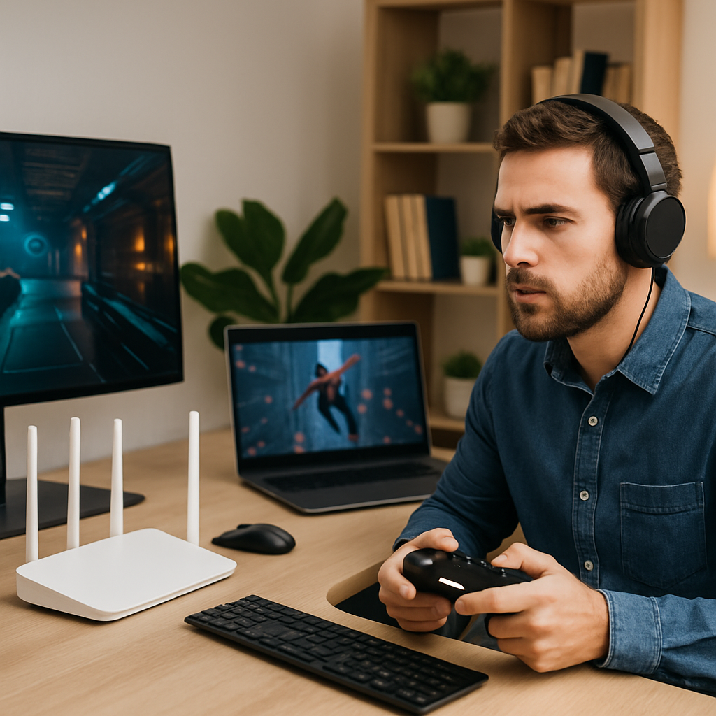 Pessoa usando fones e um controle de jogo diante de telas, com um roteador branco sobre a mesa.