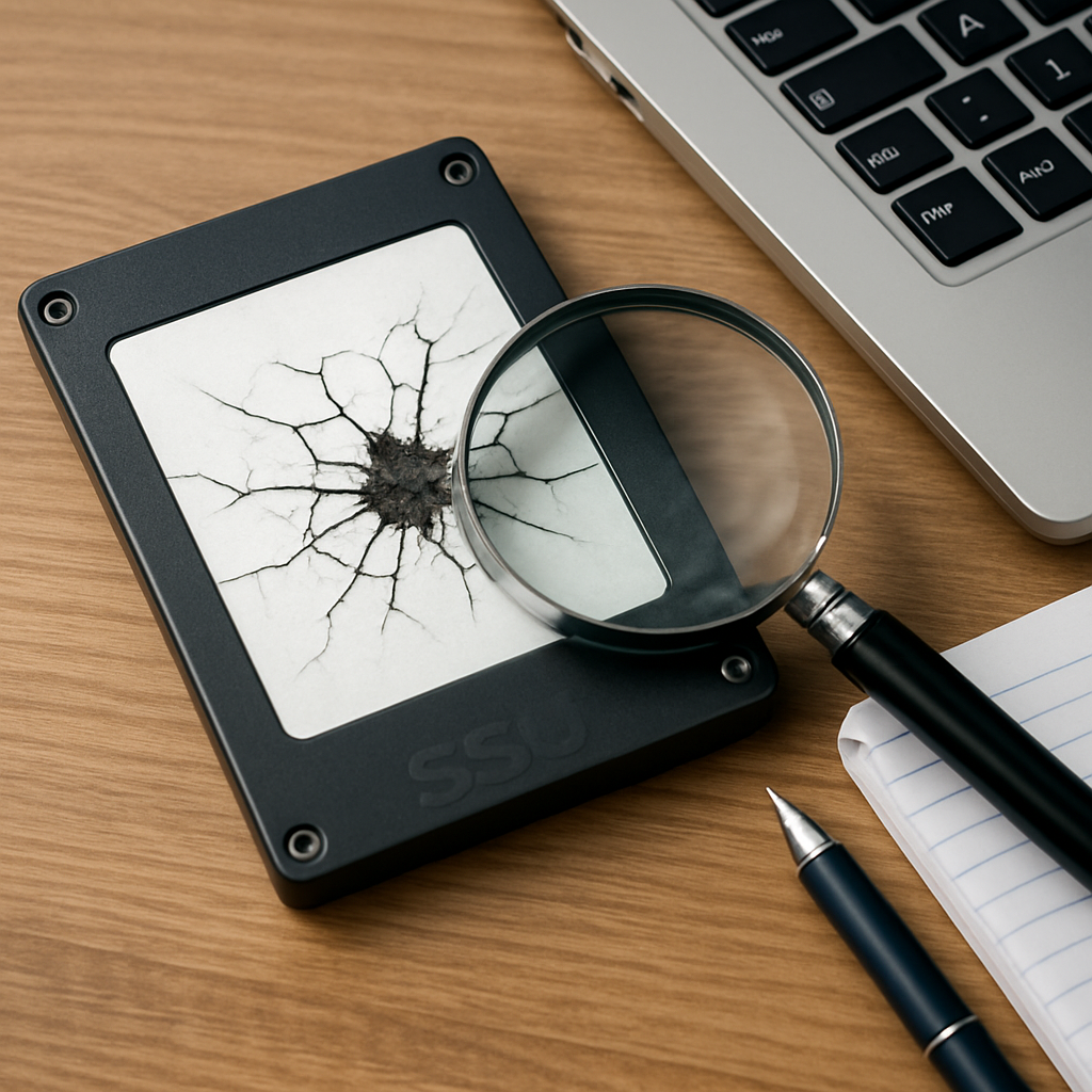 Representação de um SSD com uma superfície rachada sob uma lupa, ao lado de um notebook.