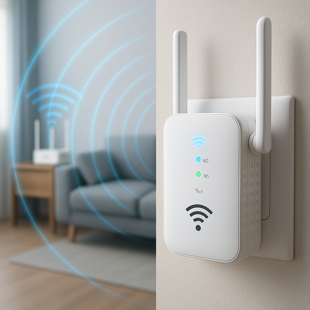 Ilustração de um repetidor Wi-Fi branco com duas antenas conectado à tomada, com ondas azuis representando o sinal.